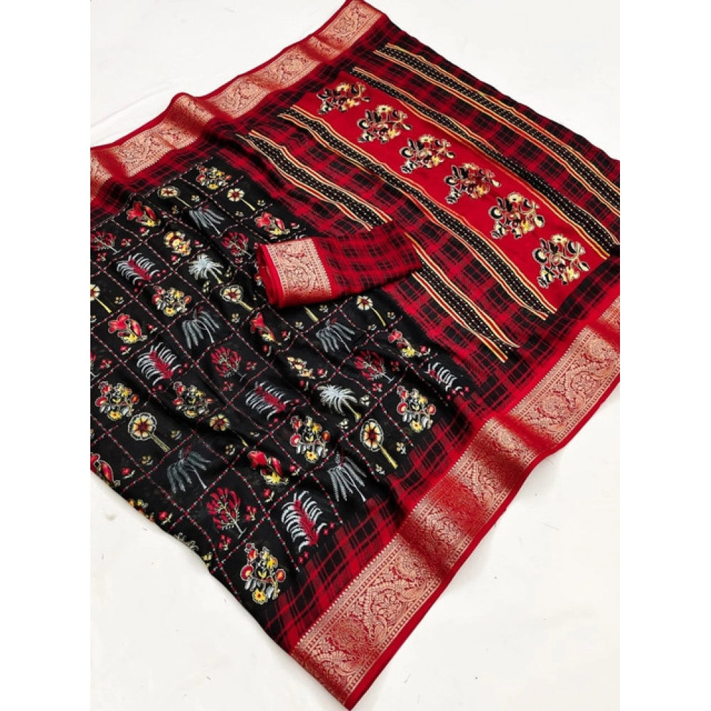 Women's Dola Silk Printed Saree With Unstitched Blouse 5.5 Mtr (BLACK)