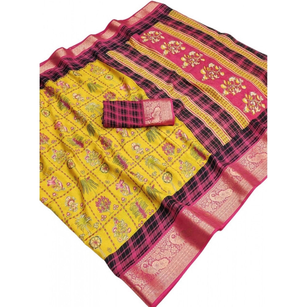 Women's Dola Silk Printed Saree With Unstitched Blouse 5.5 Mtr (Yellow)