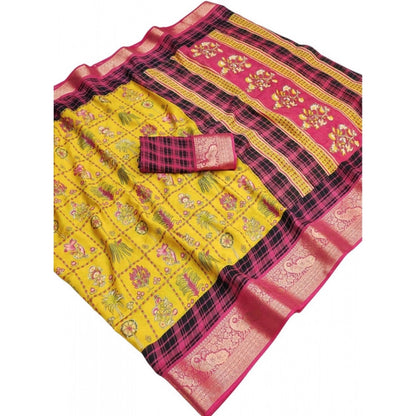 Women's Dola Silk Printed Saree With Unstitched Blouse 5.5 Mtr (Yellow)