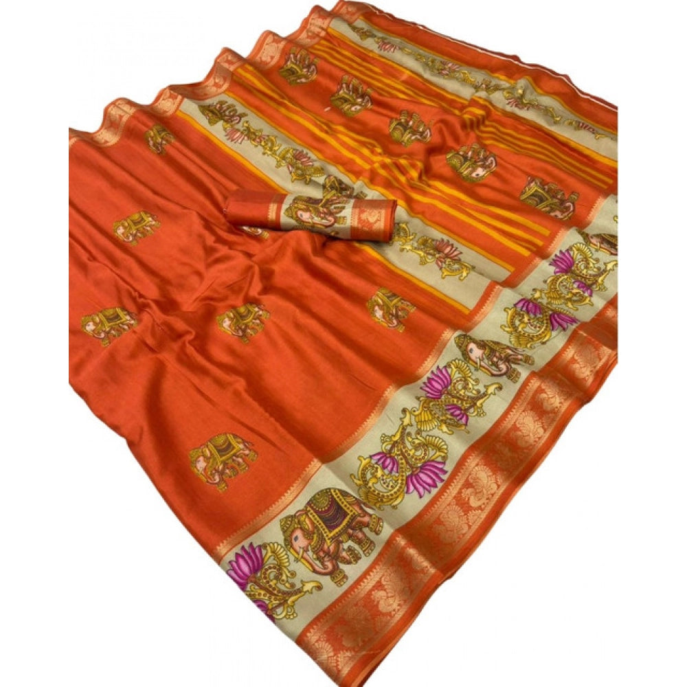 Women's Dola Silk Printed Saree With Unstitched Blouse 5.5 Mtr (Orange)