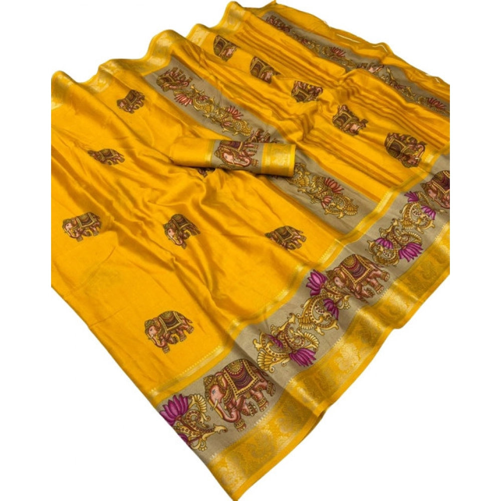 Women's Dola Silk Printed Saree With Unstitched Blouse 5.5 Mtr (Yellow)