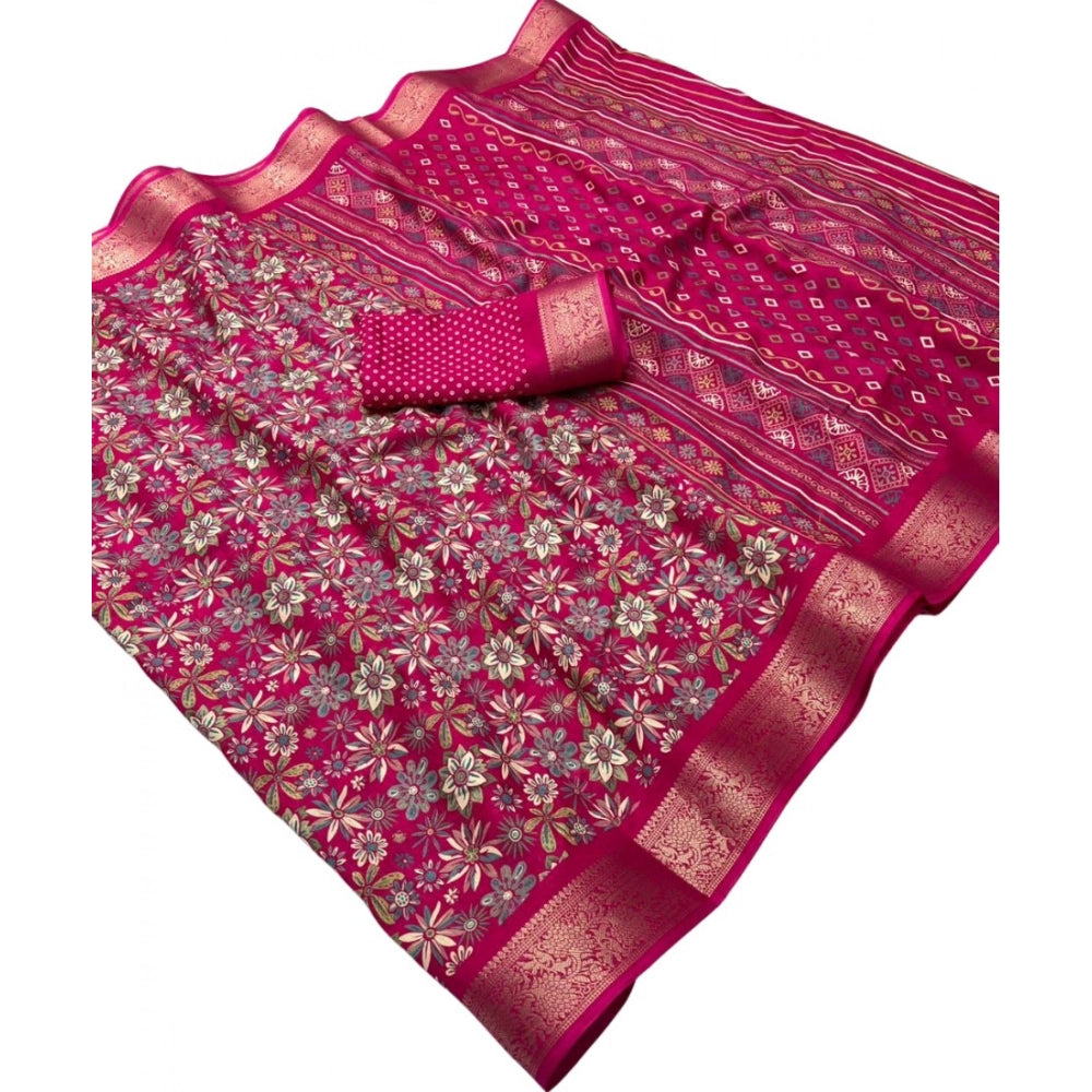 Women's Dola Silk Floral Printed Saree With Unstitched Blouse 5.5 Mtr (Pink)