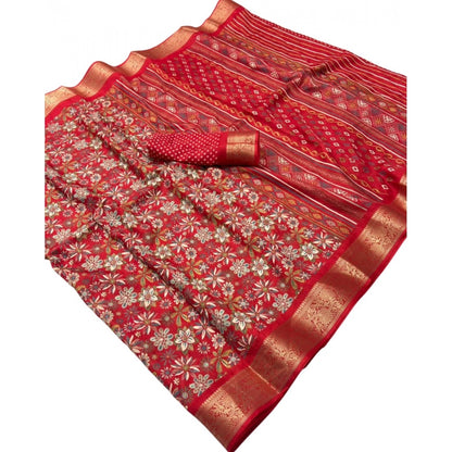 Women's Dola Silk Floral Printed Saree With Unstitched Blouse 5.5 Mtr (Red)