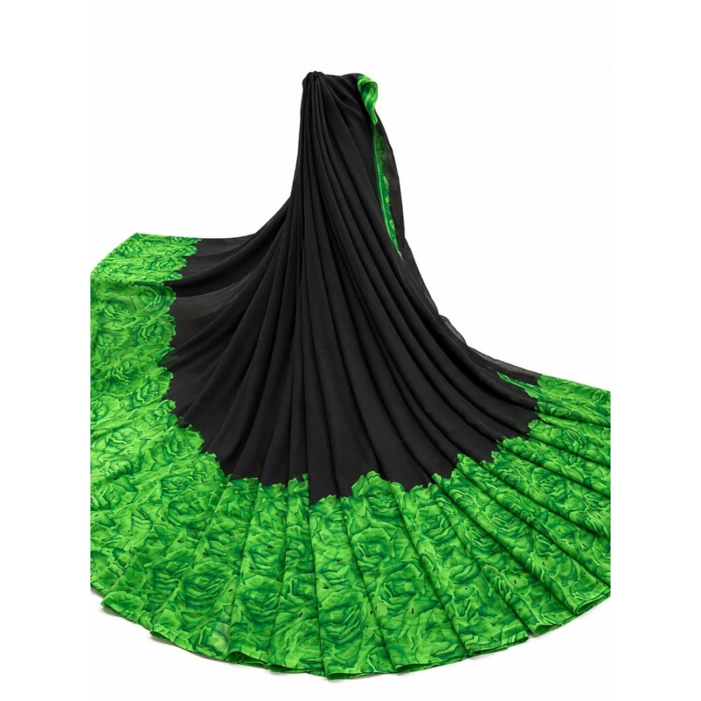 Women's Georgette Printed Saree With Unstitched Blouse 5.5 Mtr (Black-Green)