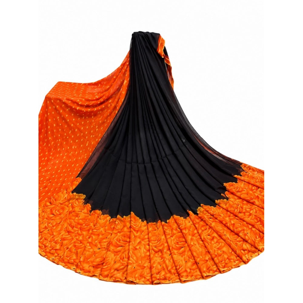 Women's Georgette Printed Saree With Unstitched Blouse 5.5 Mtr (Black-Orange)