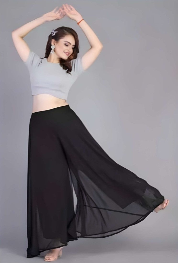 Women's Pack of 1 Georgette Solid High Rise Wide Leg Flared Palazzo with Elastic Waist (Black) - POPNOVA women's bottom wear