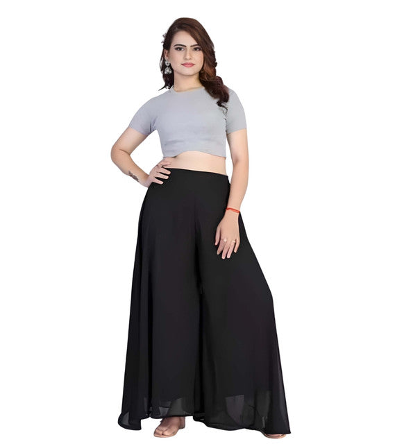Women's Pack of 1 Georgette Solid High Rise Wide Leg Flared Palazzo with Elastic Waist (Black) - POPNOVA women's bottom wear