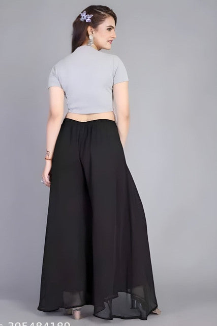 Women's Pack of 1 Georgette Solid High Rise Wide Leg Flared Palazzo with Elastic Waist (Black) - POPNOVA women's bottom wear