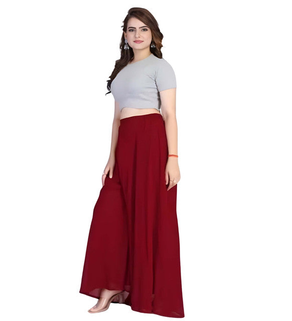 Women's Pack of 1 Georgette Solid High Rise Wide Leg Flared Palazzo with Elastic Waist (Maroon) - POPNOVA women's bottom wear