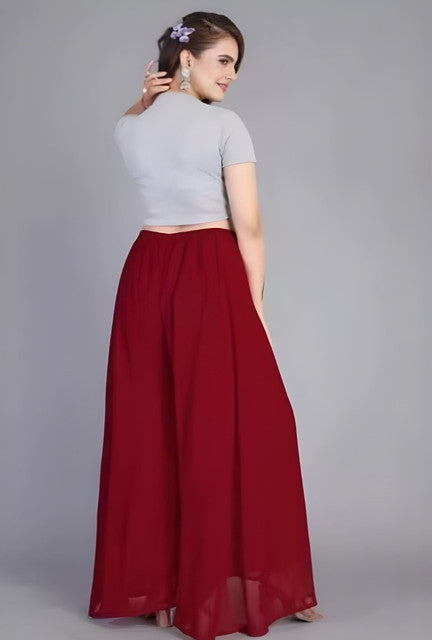 Women's Pack of 1 Georgette Solid High Rise Wide Leg Flared Palazzo with Elastic Waist (Maroon) - POPNOVA women's bottom wear