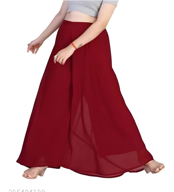 Women's Pack of 1 Georgette Solid High Rise Wide Leg Flared Palazzo with Elastic Waist (Maroon) - POPNOVA women's bottom wear
