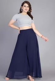 Women's Pack of 1 Georgette Solid High Rise Wide Leg Flared Palazzo with Elastic Waist (Navy Blue) - POPNOVA women's bottom wear