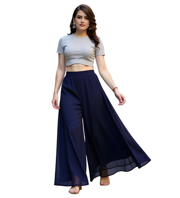Women's Pack of 1 Georgette Solid High Rise Wide Leg Flared Palazzo with Elastic Waist (Navy Blue) - POPNOVA women's bottom wear