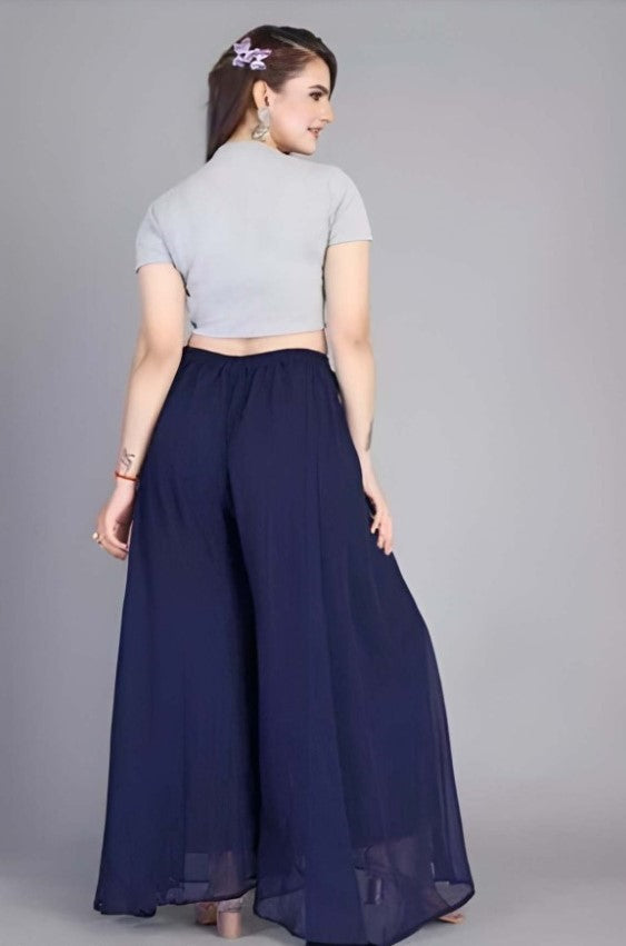 Women's Pack of 1 Georgette Solid High Rise Wide Leg Flared Palazzo with Elastic Waist (Navy Blue) - POPNOVA women's bottom wear
