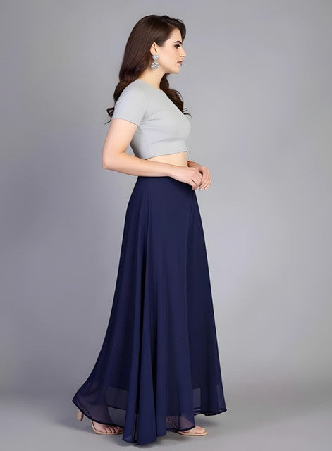 Women's Pack of 1 Georgette Solid High Rise Wide Leg Flared Palazzo with Elastic Waist (Navy Blue) - POPNOVA women's bottom wear