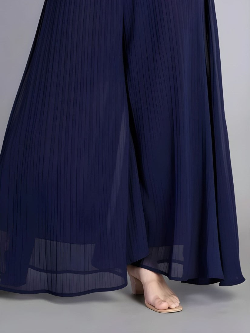 Women's Pack of 1 Georgette Solid High Rise Wide Leg Flared Palazzo with Elastic Waist (Navy Blue) - POPNOVA women's bottom wear