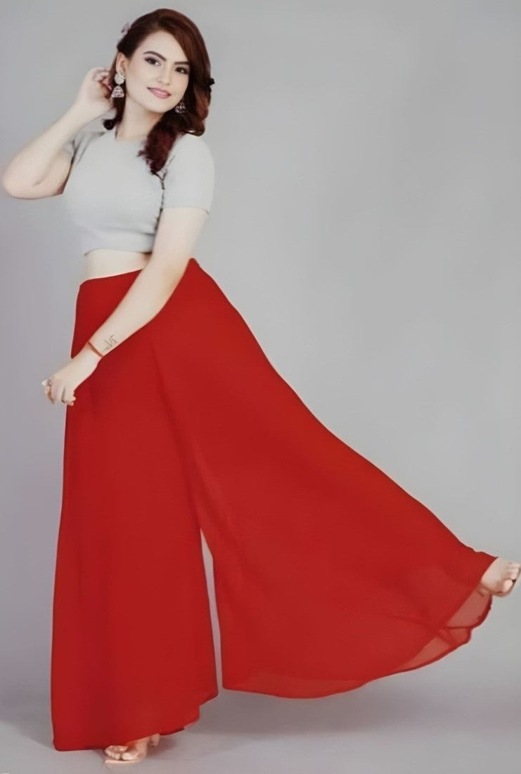 Women's Pack of 1 Georgette Solid High Rise Wide Leg Flared Palazzo with Elastic Waist (Red) - POPNOVA women's bottom wear