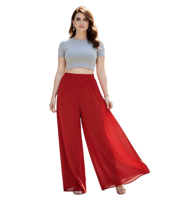 Women's Pack of 1 Georgette Solid High Rise Wide Leg Flared Palazzo with Elastic Waist (Red) - POPNOVA women's bottom wear