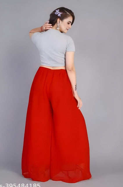 Women's Pack of 1 Georgette Solid High Rise Wide Leg Flared Palazzo with Elastic Waist (Red) - POPNOVA women's bottom wear