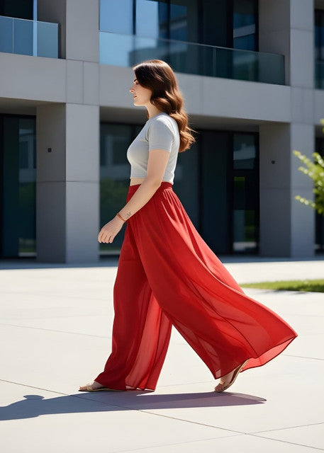 Women's Pack of 1 Georgette Solid High Rise Wide Leg Flared Palazzo with Elastic Waist (Red) - POPNOVA women's bottom wear