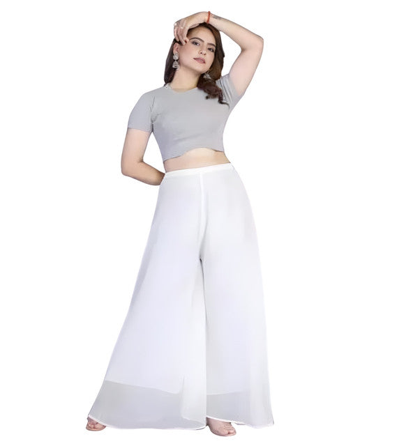 Women's Pack of 1 Georgette Solid High Rise Wide Leg Flared Palazzo with Elastic Waist (White) - POPNOVA women's bottom wear