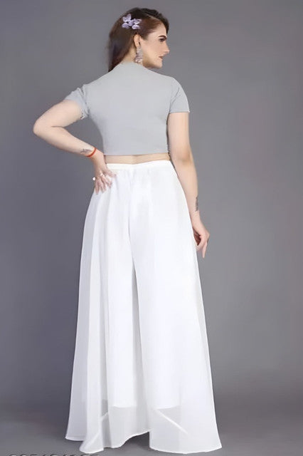 Women's Pack of 1 Georgette Solid High Rise Wide Leg Flared Palazzo with Elastic Waist (White) - POPNOVA women's bottom wear