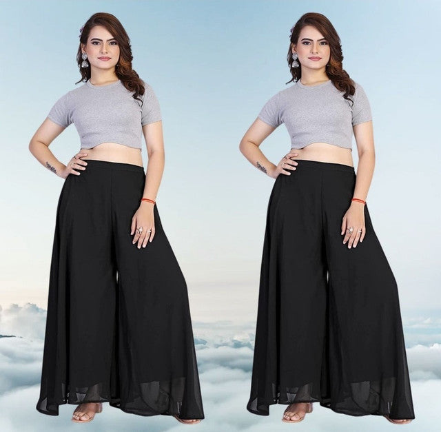 Women's Pack of 2 Georgette Solid High Rise Wide Leg Flared Palazzos with Elastic Waist (Black) - POPNOVA women's bottom wear