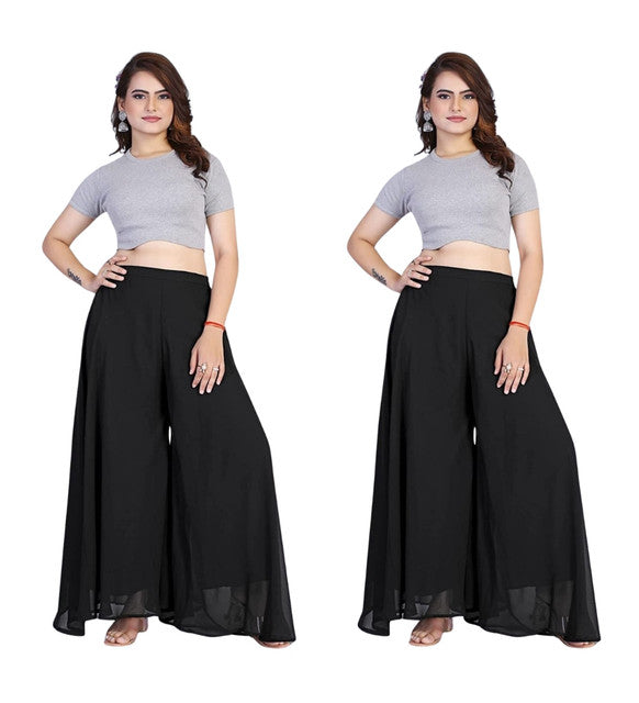 Women's Pack of 2 Georgette Solid High Rise Wide Leg Flared Palazzos with Elastic Waist (Black) - POPNOVA women's bottom wear