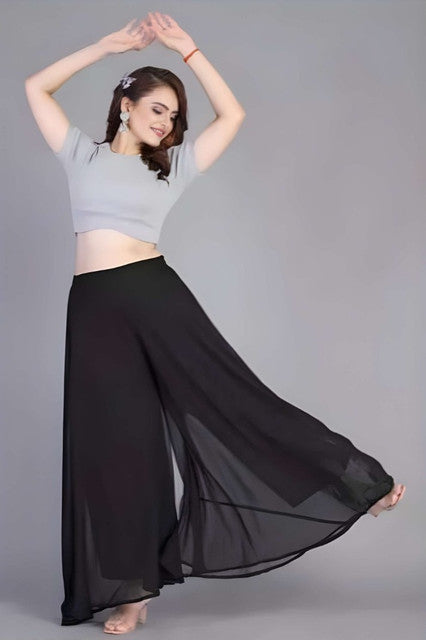 Women's Pack of 2 Georgette Solid High Rise Wide Leg Flared Palazzos with Elastic Waist (Black) - POPNOVA women's bottom wear