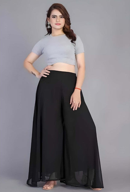 Women's Pack of 2 Georgette Solid High Rise Wide Leg Flared Palazzos with Elastic Waist (Black) - POPNOVA women's bottom wear