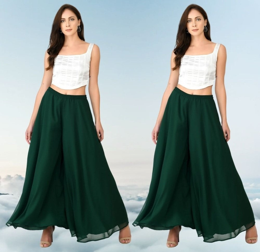 Women's Pack of 2 Georgette Solid High Rise Wide Leg Flared Palazzos with Elastic Waist (Bottle Green) - POPNOVA women's bottom wear
