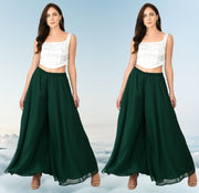 Women's Pack of 2 Georgette Solid High Rise Wide Leg Flared Palazzos with Elastic Waist (Bottle Green) - POPNOVA women's bottom wear