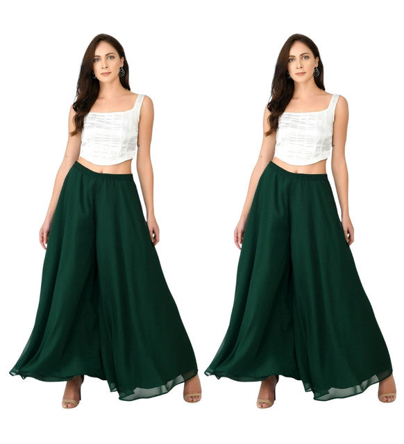 Women's Pack of 2 Georgette Solid High Rise Wide Leg Flared Palazzos with Elastic Waist (Bottle Green) - POPNOVA women's bottom wear