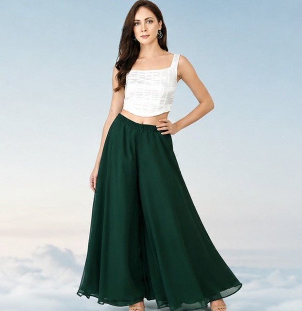 Women's Pack of 2 Georgette Solid High Rise Wide Leg Flared Palazzos with Elastic Waist (Bottle Green) - POPNOVA women's bottom wear