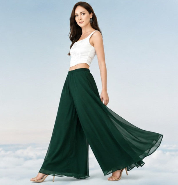 Women's Pack of 2 Georgette Solid High Rise Wide Leg Flared Palazzos with Elastic Waist (Bottle Green) - POPNOVA women's bottom wear