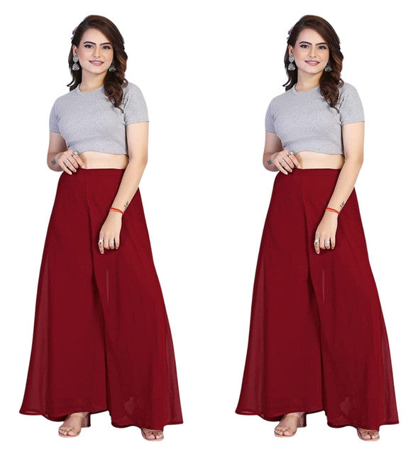 Women's Pack of 2 Georgette Solid High Rise Wide Leg Flared Palazzos with Elastic Waist (Maroon) - POPNOVA women's bottom wear