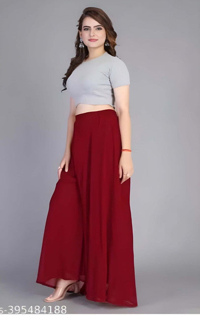Women's Pack of 2 Georgette Solid High Rise Wide Leg Flared Palazzos with Elastic Waist (Maroon) - POPNOVA women's bottom wear