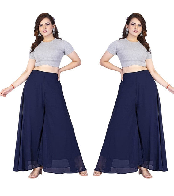 Women's Pack of 2 Georgette Solid High Rise Wide Leg Flared Palazzos with Elastic Waist (Navy Blue) - POPNOVA women's bottom wear