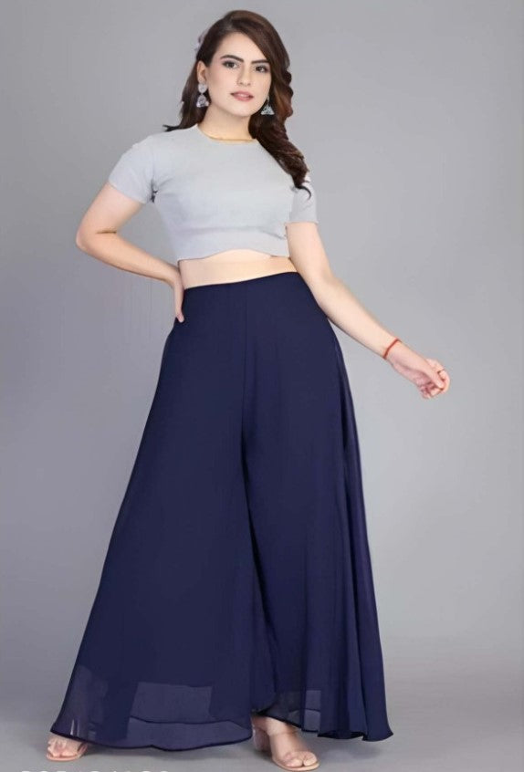 Women's Pack of 2 Georgette Solid High Rise Wide Leg Flared Palazzos with Elastic Waist (Navy Blue) - POPNOVA women's bottom wear