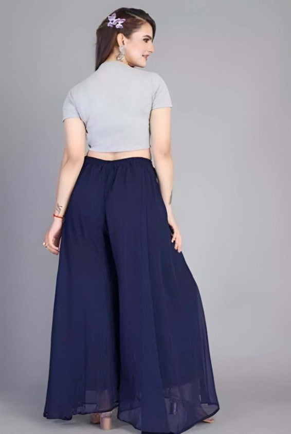 Women's Pack of 2 Georgette Solid High Rise Wide Leg Flared Palazzos with Elastic Waist (Navy Blue) - POPNOVA women's bottom wear