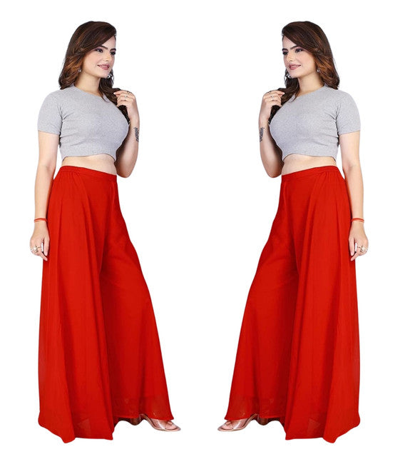 Women's Pack of 2 Georgette Solid High Rise Wide Leg Flared Palazzos with Elastic Waist (Red) - POPNOVA women's bottom wear