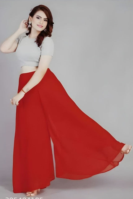 Women's Pack of 2 Georgette Solid High Rise Wide Leg Flared Palazzos with Elastic Waist (Red) - POPNOVA women's bottom wear
