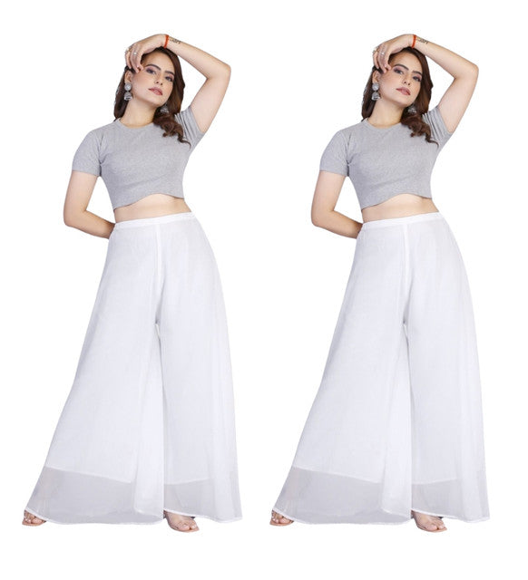 Women's Pack of 2 Georgette Solid High Rise Wide Leg Flared Palazzos with Elastic Waist (White) - POPNOVA women's bottom wear