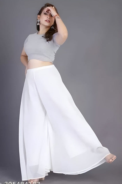 Women's Pack of 2 Georgette Solid High Rise Wide Leg Flared Palazzos with Elastic Waist (White) - POPNOVA women's bottom wear
