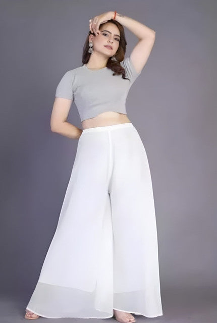 Women's Pack of 2 Georgette Solid High Rise Wide Leg Flared Palazzos with Elastic Waist (White) - POPNOVA women's bottom wear