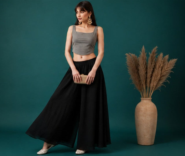 Women's Georgette Solid Mid-Rise Wide Leg Flared Palazzo with Elastic Waist (Black) - POPNOVA women's bottom wear