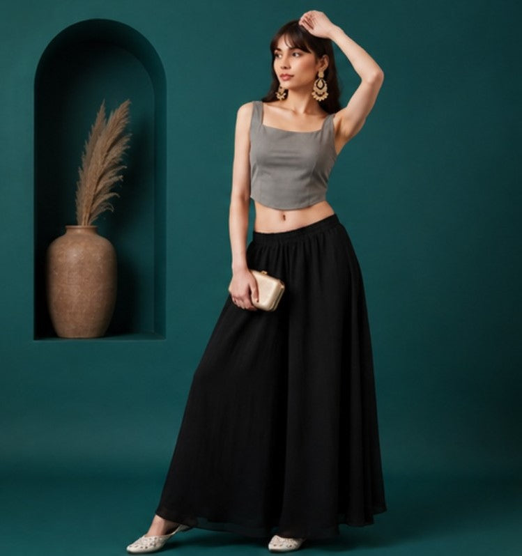 Women's Georgette Solid Mid-Rise Wide Leg Flared Palazzo with Elastic Waist (Black) - POPNOVA women's bottom wear