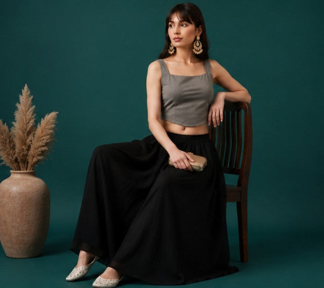 Women's Georgette Solid Mid-Rise Wide Leg Flared Palazzo with Elastic Waist (Black) - POPNOVA women's bottom wear