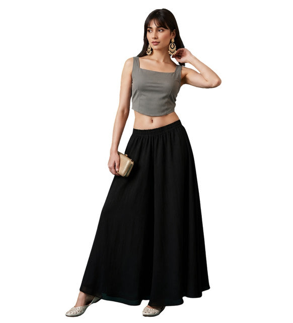 Women's Georgette Solid Mid-Rise Wide Leg Flared Palazzo with Elastic Waist (Black) - POPNOVA women's bottom wear