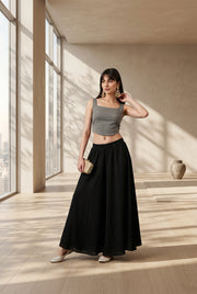 Women's Georgette Solid Mid-Rise Wide Leg Flared Palazzo with Elastic Waist (Black) - POPNOVA women's bottom wear